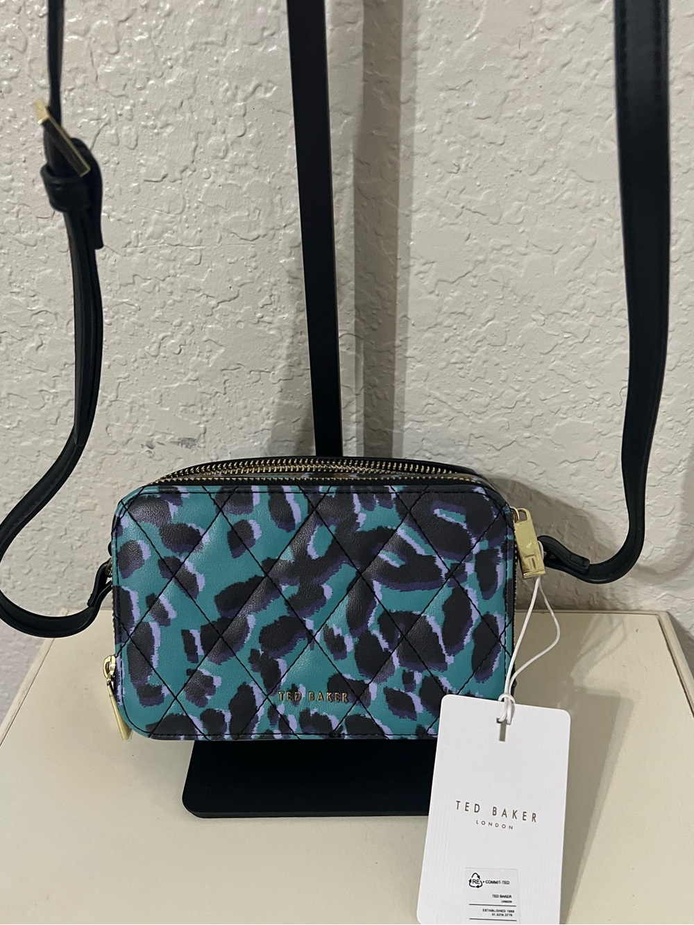 Ted Baker Teal and Black Leopard Quilted Crossbody with Gold Hardware